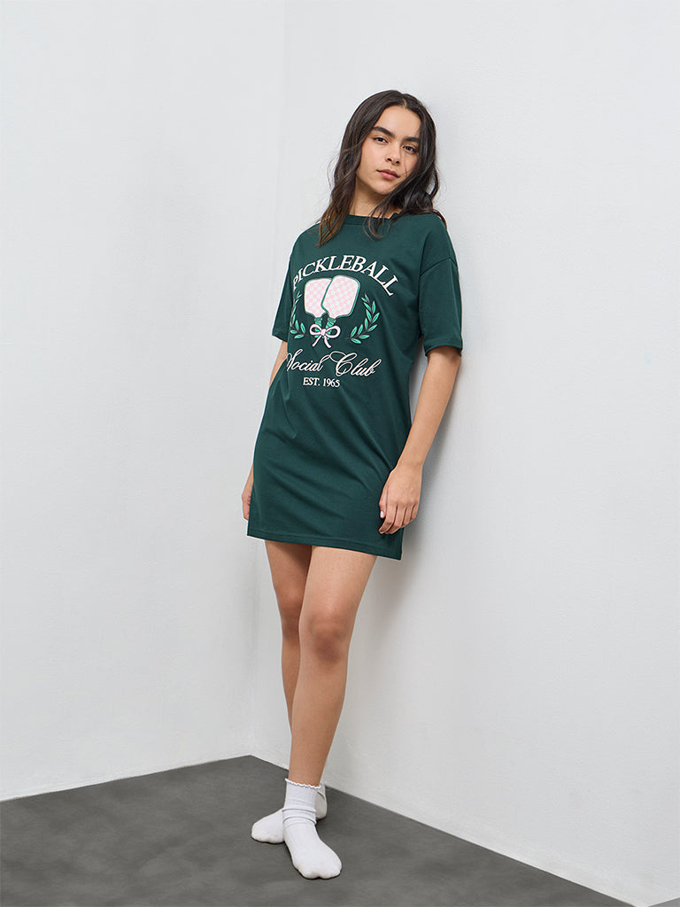 Buy Superstar Green Printed Cotton T-Shirt Dress from Westside