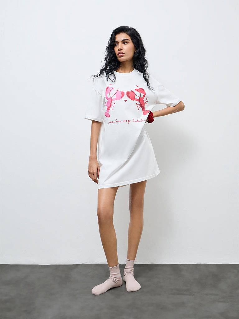 Superstar White Lobster Design Cotton T-Shirt Dress
