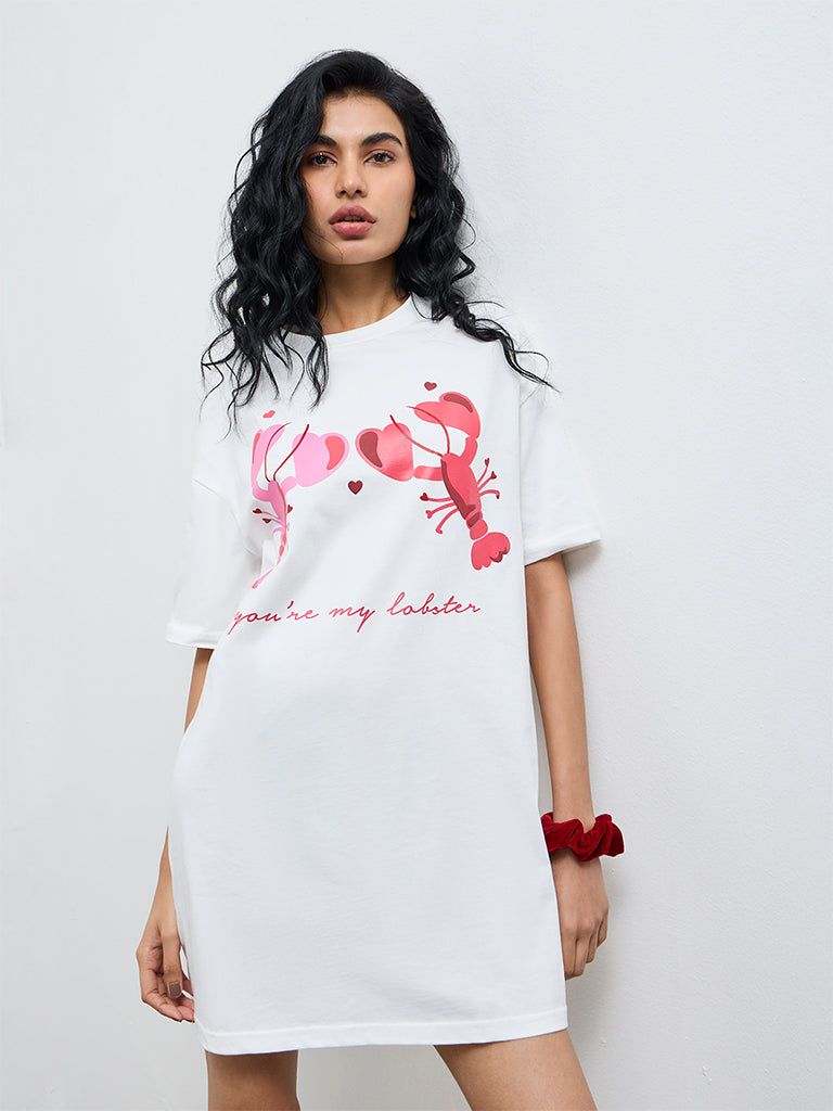 Superstar White Lobster Design Cotton T-Shirt Dress