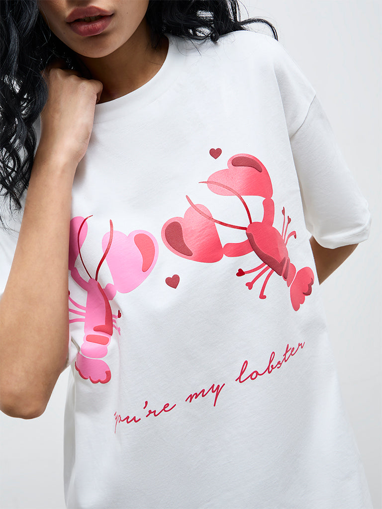 Superstar White Lobster Design Cotton T-Shirt Dress