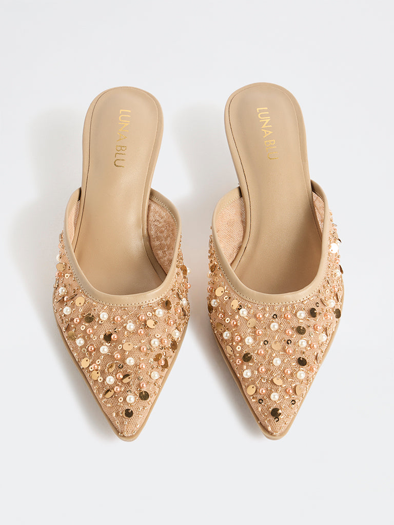 LUNA BLU Beige Embellished Kitten-Heel Mules