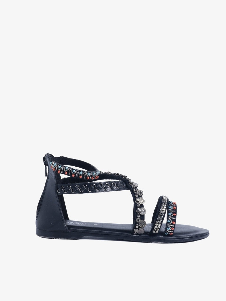 LUNA BLU Black Gladiator-Strap Flat Sandals