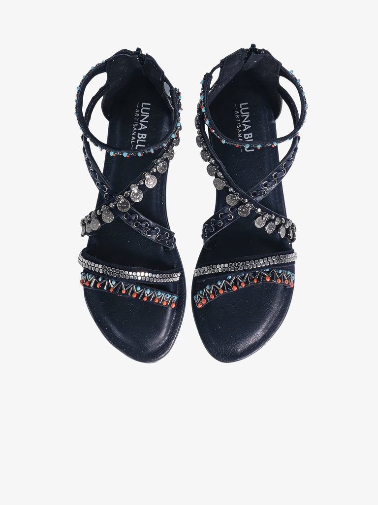LUNA BLU Black Gladiator-Strap Flat Sandals