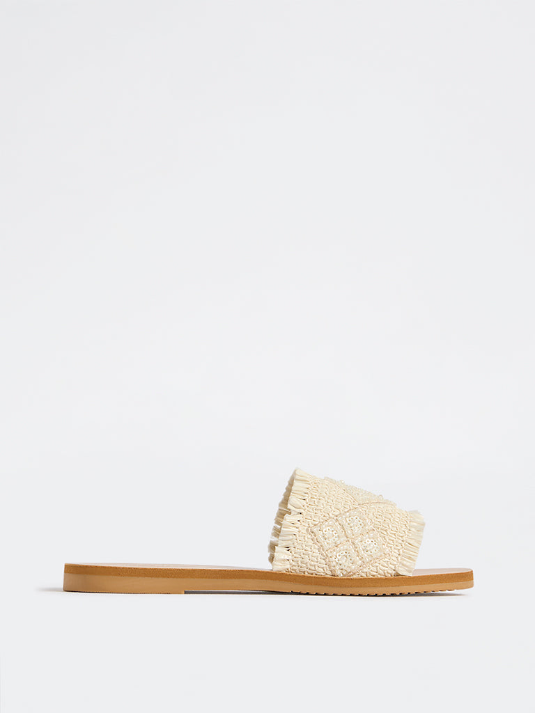 LUNA BLU Ivory Raffia Embroidered Slides