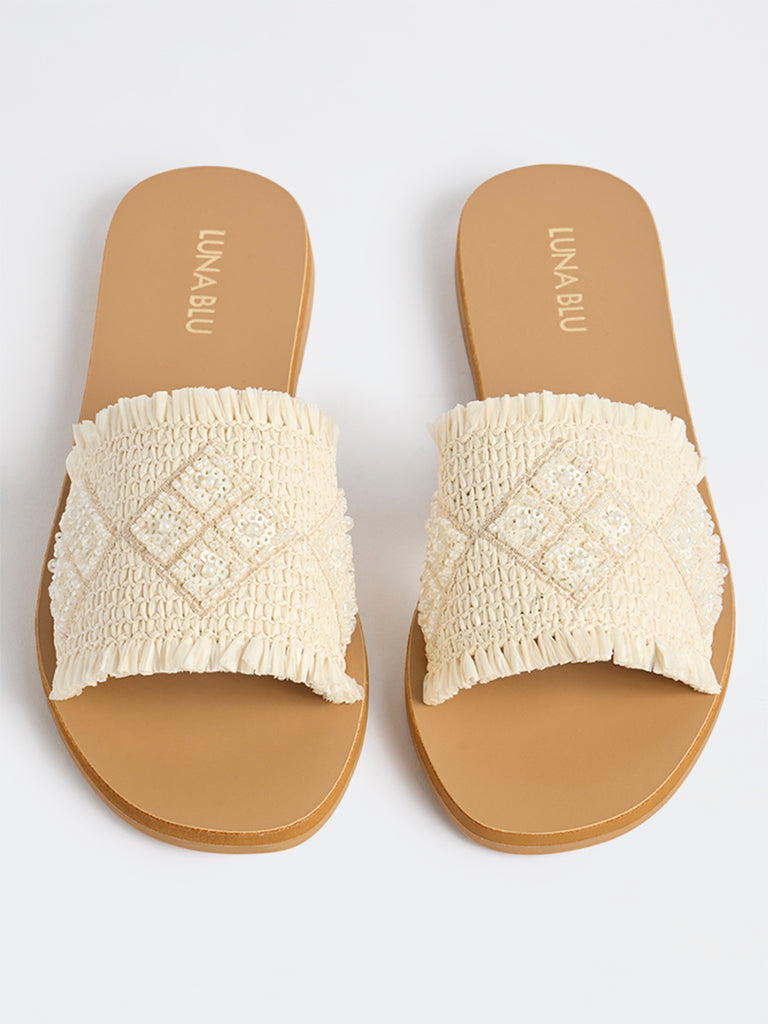 LUNA BLU Ivory Raffia Embroidered Slides