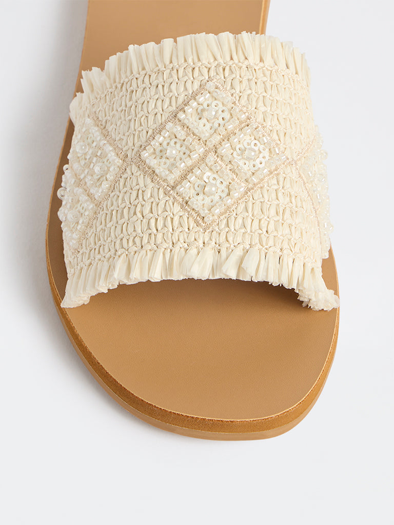 LUNA BLU Ivory Raffia Embroidered Slides