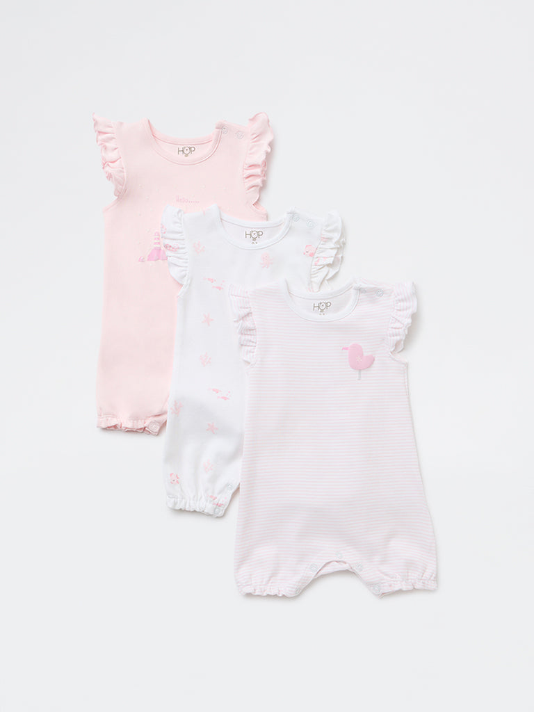 HOP Baby Girls Pink Printed Cotton Rompers - Pack of 3