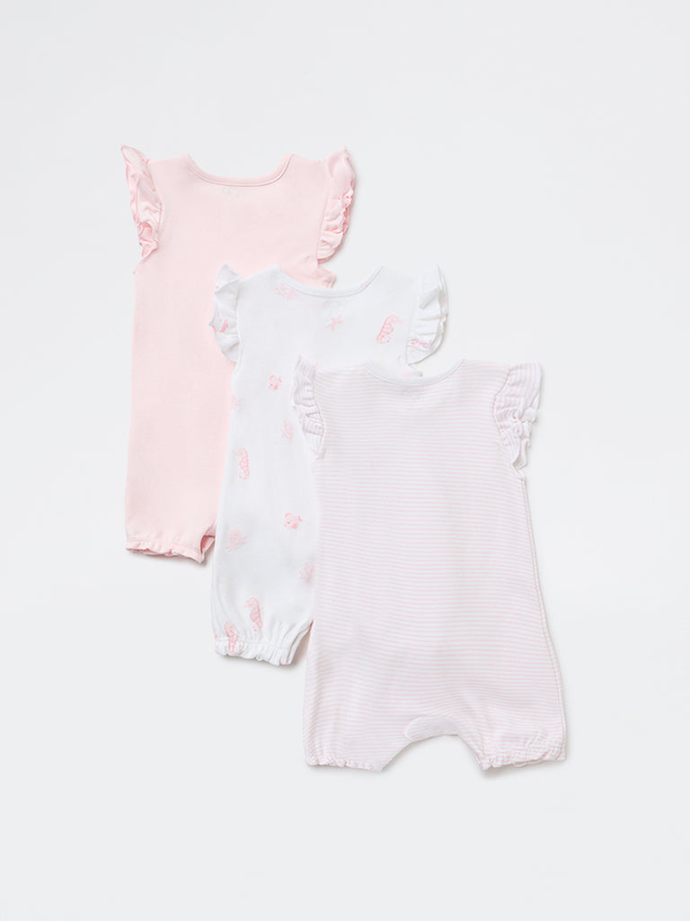 HOP Baby Girls Pink Printed Cotton Rompers - Pack of 3