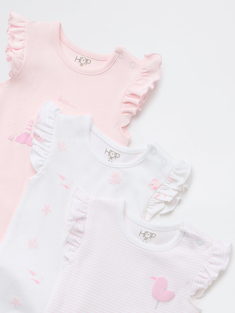 HOP Baby Girls Pink Printed Cotton Rompers - Pack of 3