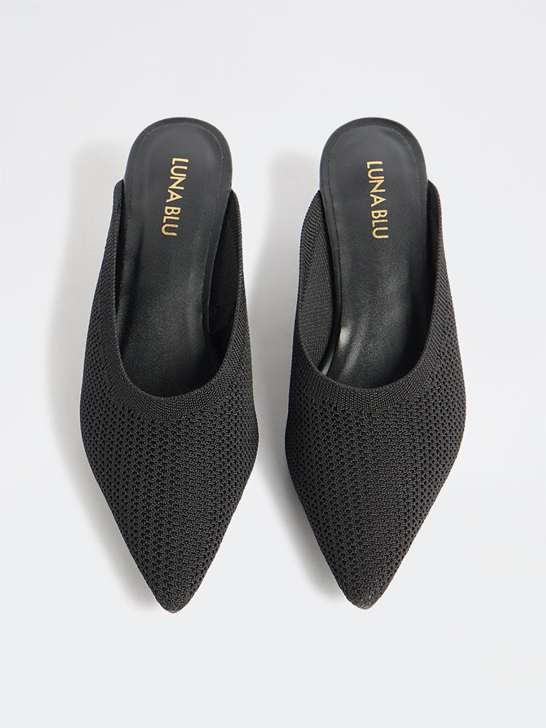 LUNA BLU Black Knit-Textured Wedge-Heel Sandals