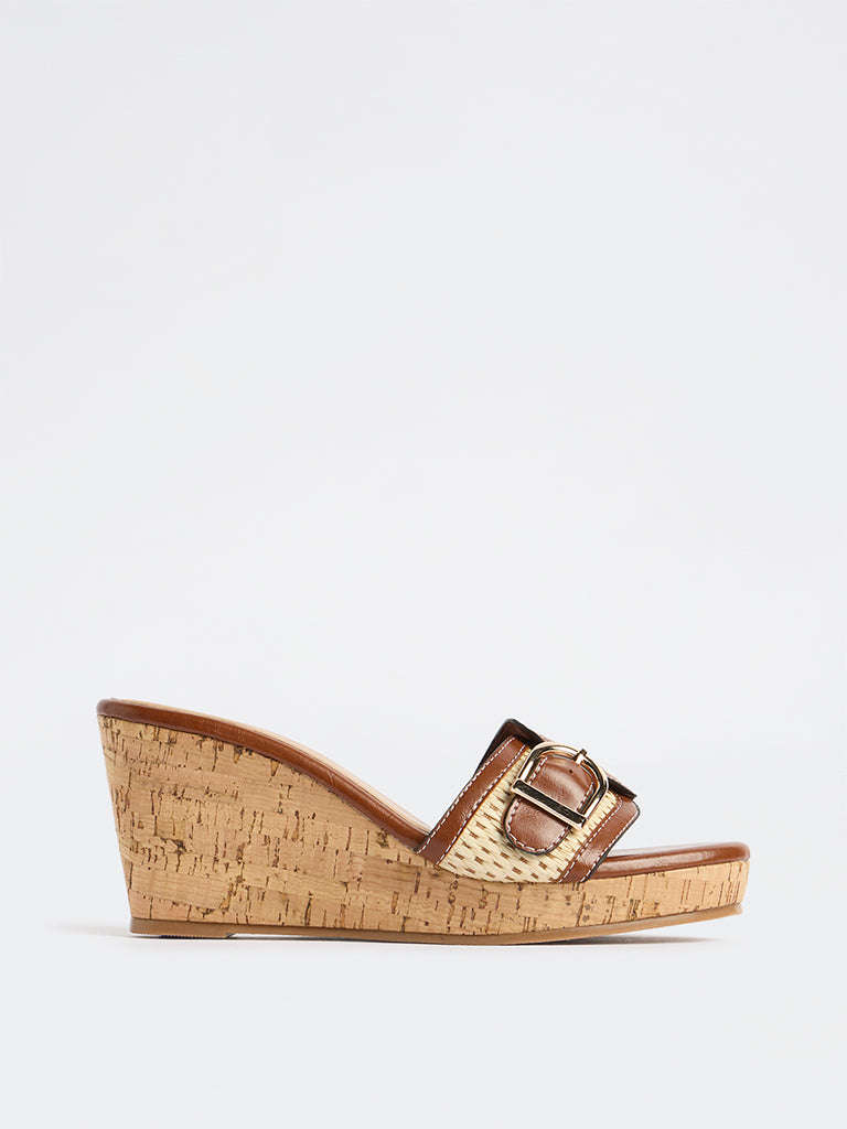 LUNA BLU Tan Buckle-Detailed Wedge-Heel Sandals