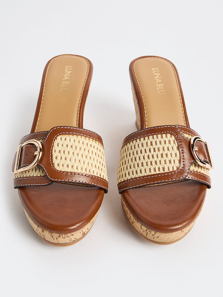 LUNA BLU Tan Buckle-Detailed Wedge-Heel Sandals