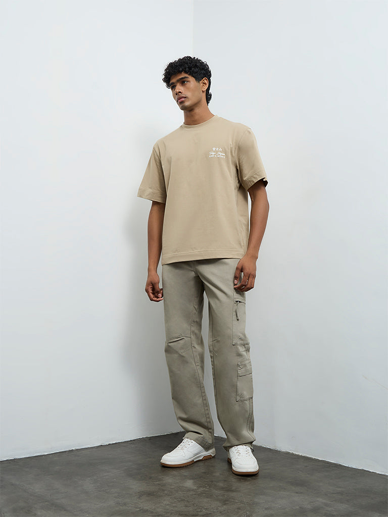 Nuon Beige Printed Relaxed-Fit Cotton T-Shirt