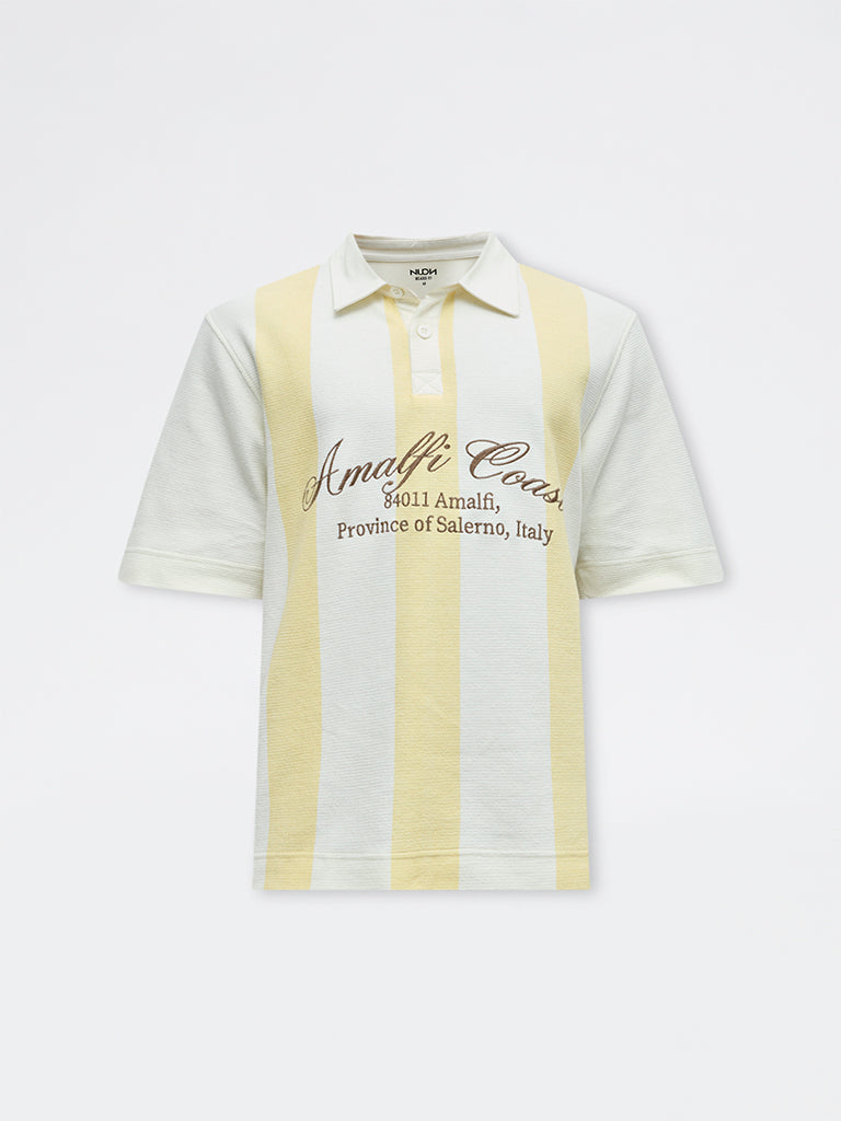 Nuon Yellow Text Design Relaxed-Fit Cotton-Blend Polo T-Shirt