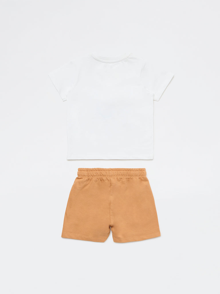 HOP Baby Boys White Printed Cotton T-Shirt and Shorts Set