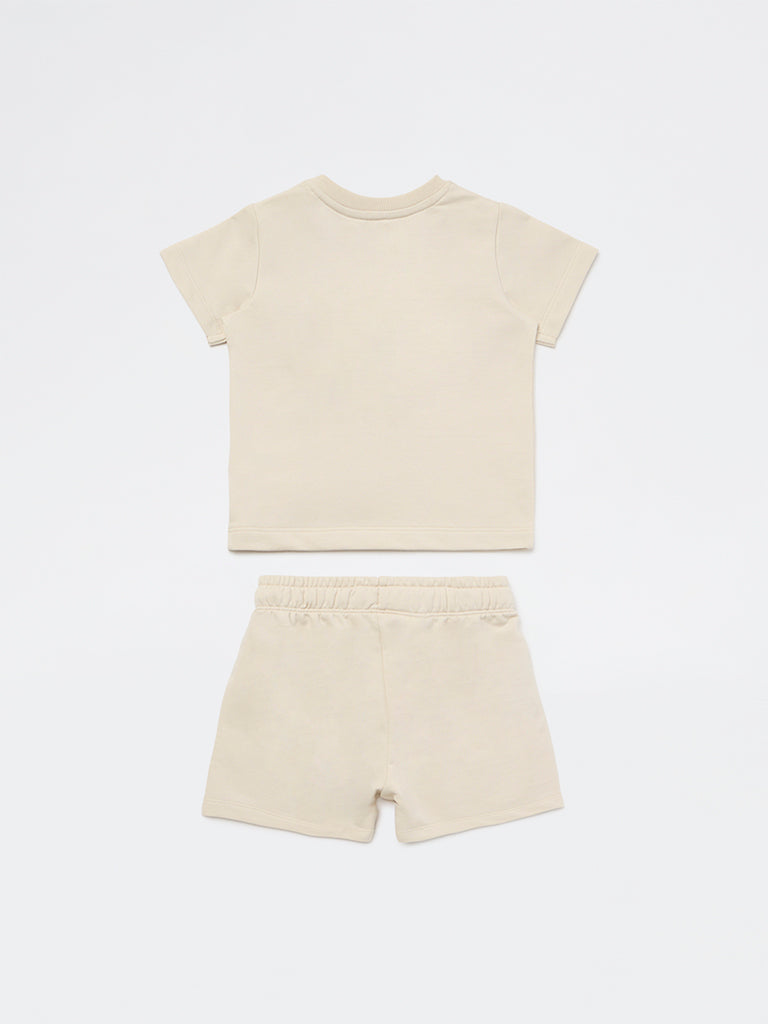 HOP Baby Boys Light Taupe Printed Cotton T-Shirt and Shorts Set