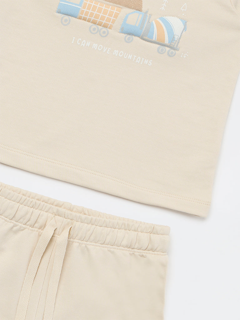 HOP Baby Boys Light Taupe Printed Cotton T-Shirt and Shorts Set