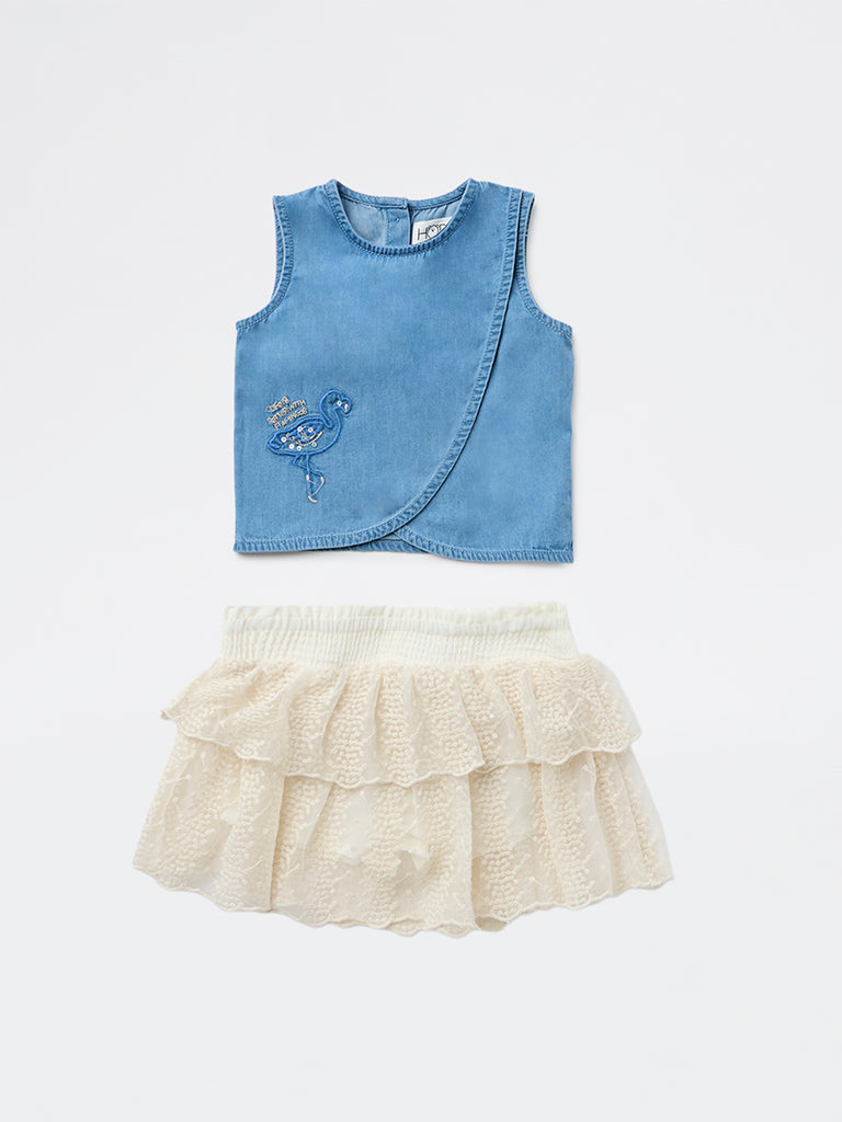 HOP Baby Girls Blue Embroidered Cotton Top and Skirt Set