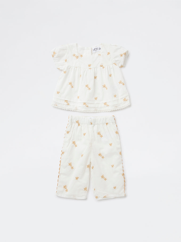 HOP Baby Girls White Embroidered Cotton Top and Pants Set