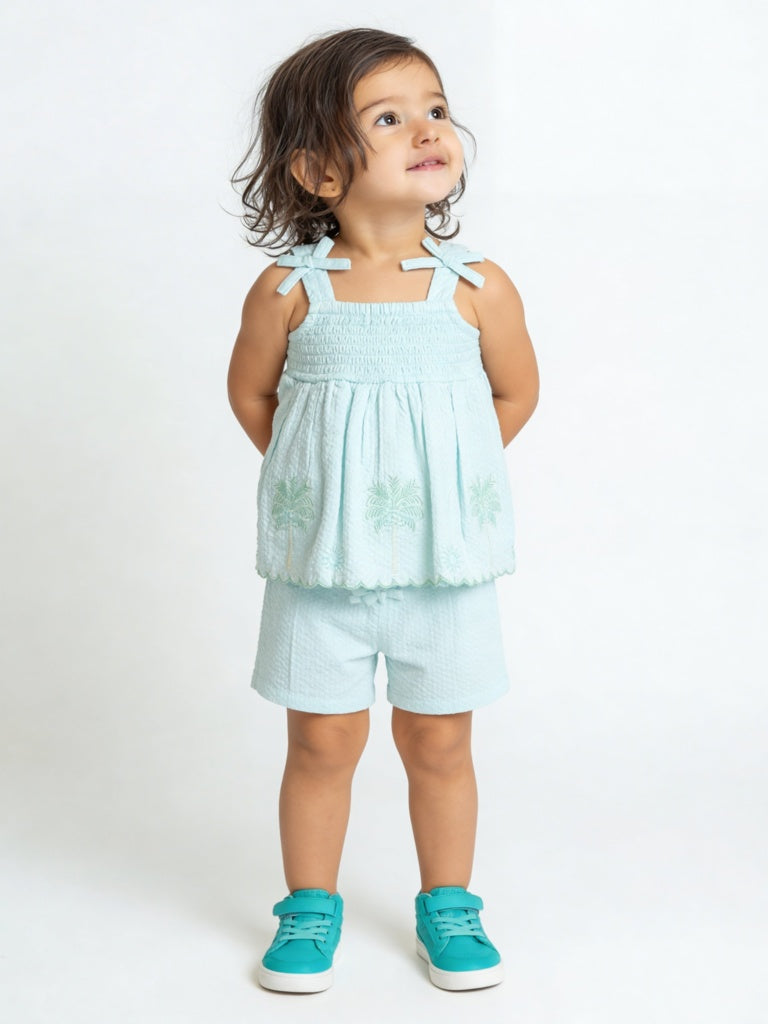 HOP Baby Girls Mint Floral Embroidered Cotton Top and Shorts Set
