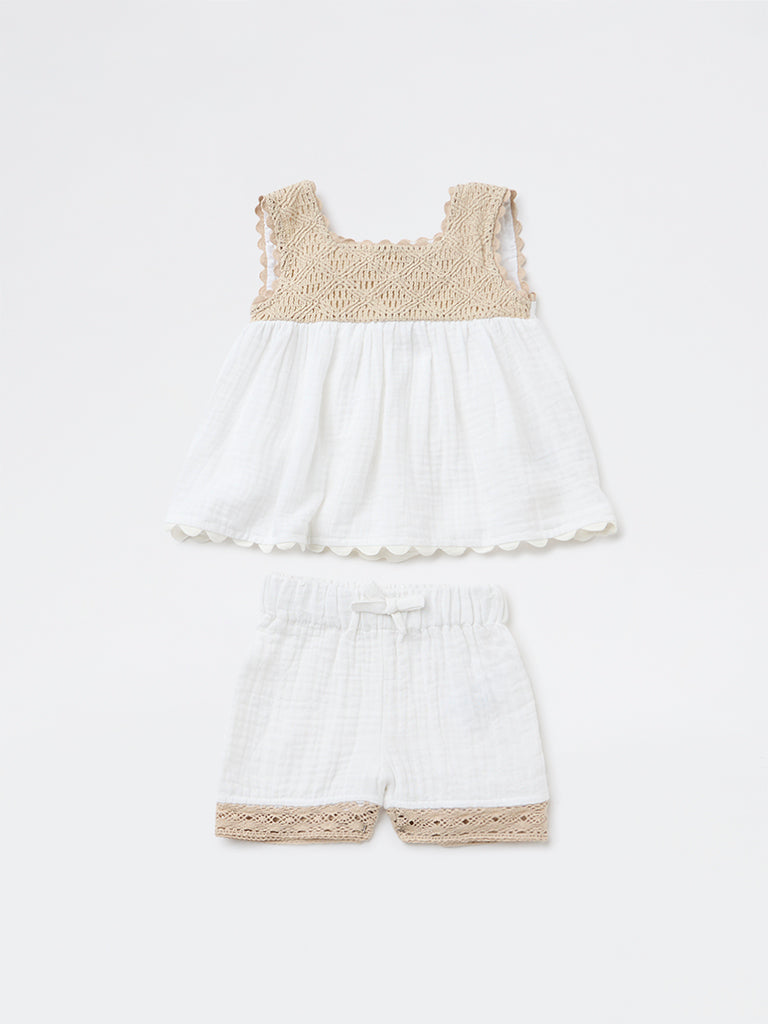 HOP Baby Girls White Crochet Cotton Dress and Shorts Set