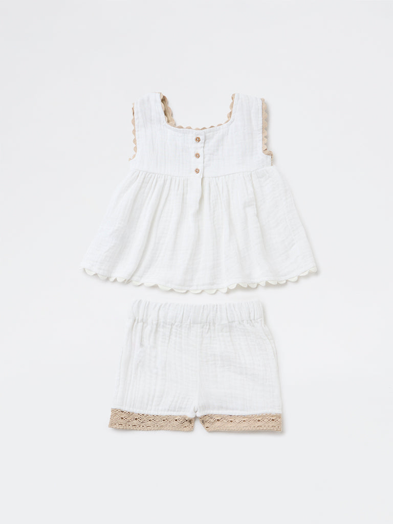 HOP Baby Girls White Crochet Cotton Dress and Shorts Set