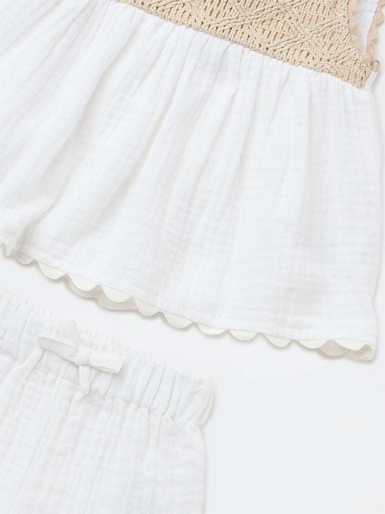 HOP Baby Girls White Crochet Cotton Dress and Shorts Set