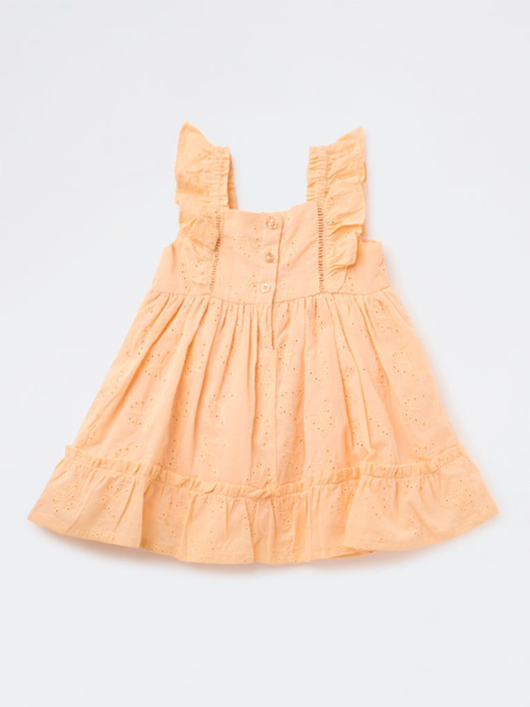 HOP Baby Girls Peach Embroidered Fit-and-Flare Cotton Dress