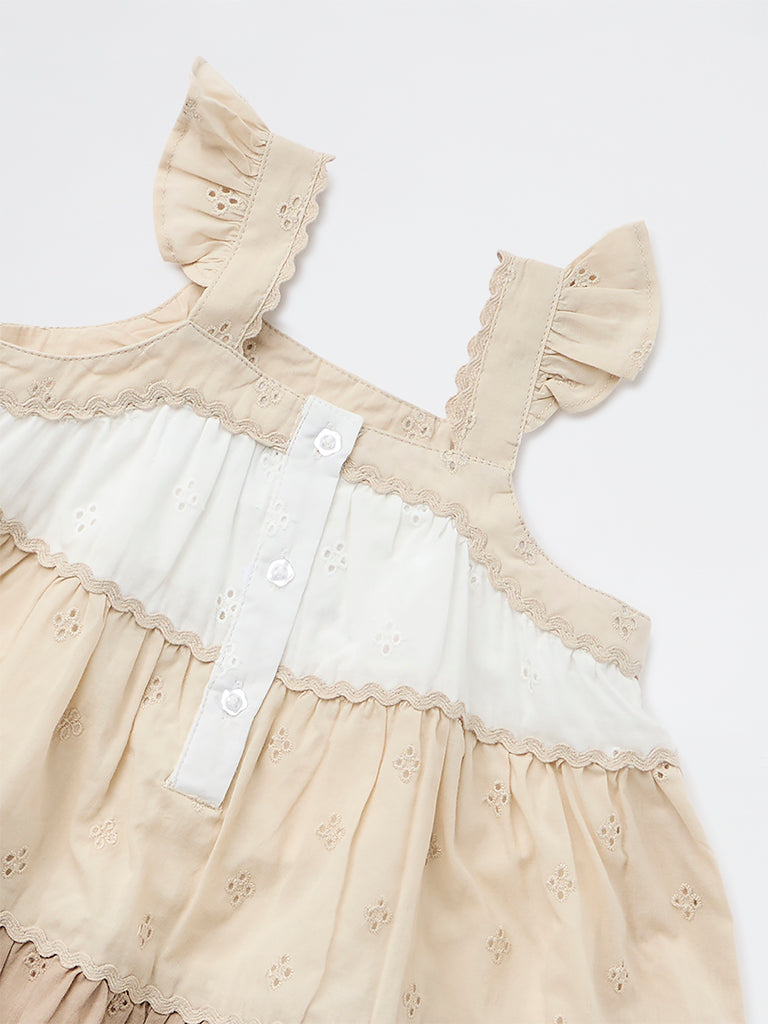 HOP Baby Girls White Color Block Cotton Dress