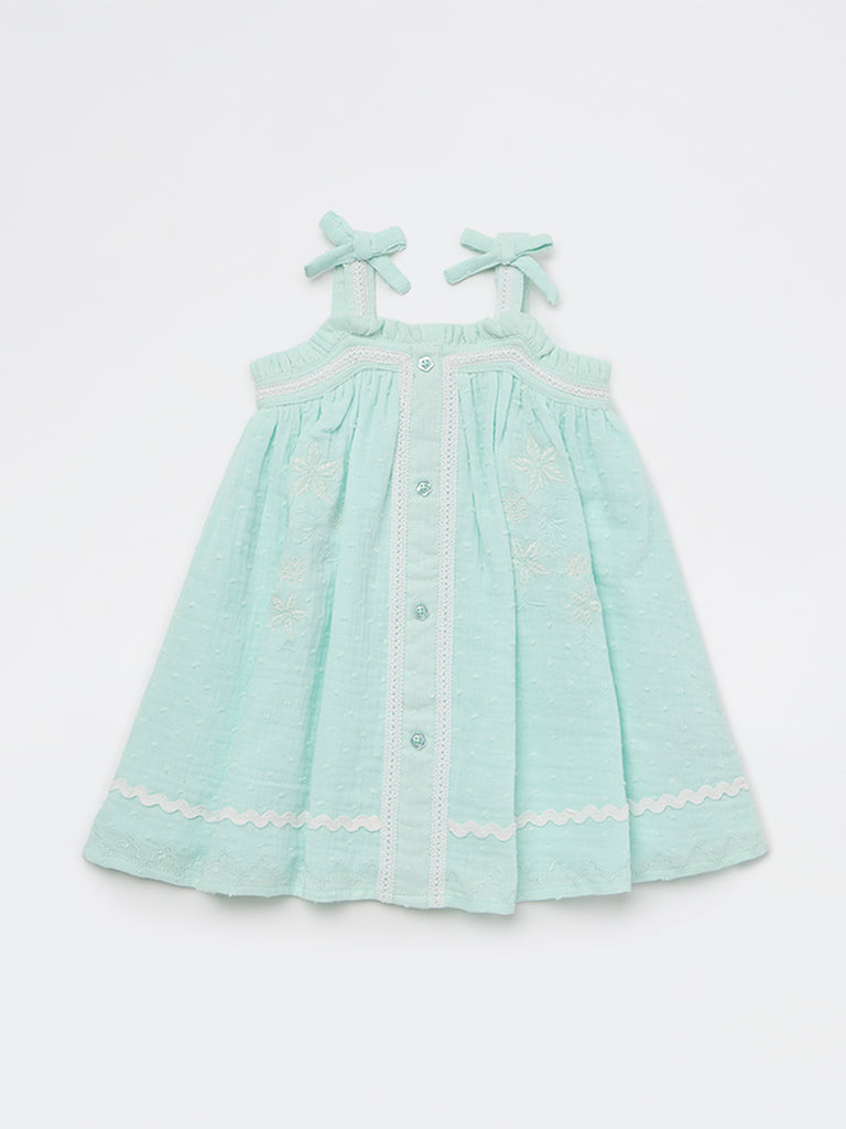 HOP Baby Girls Mint Floral Embroidered A-Line Cotton Dress