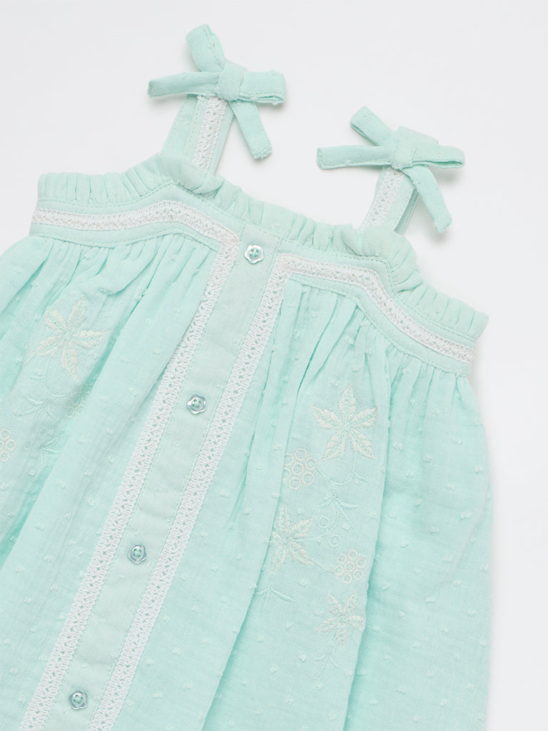 HOP Baby Girls Mint Floral Embroidered A-Line Cotton Dress