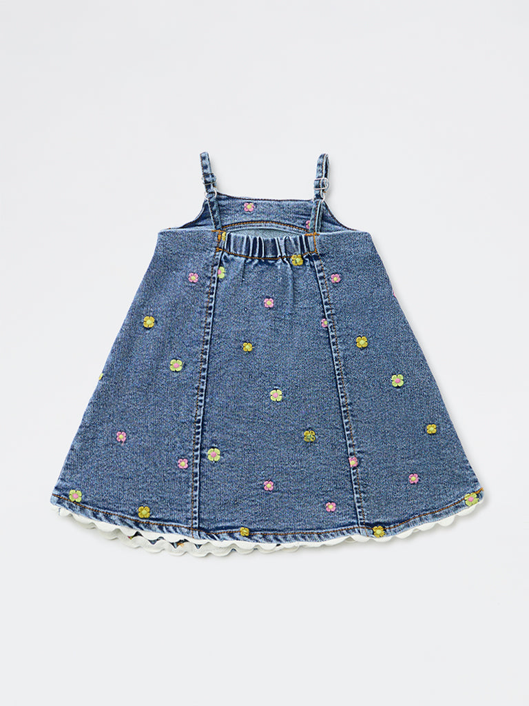 Buy HOP Baby Girls Blue Floral Embroidered Denim Dress from Westside