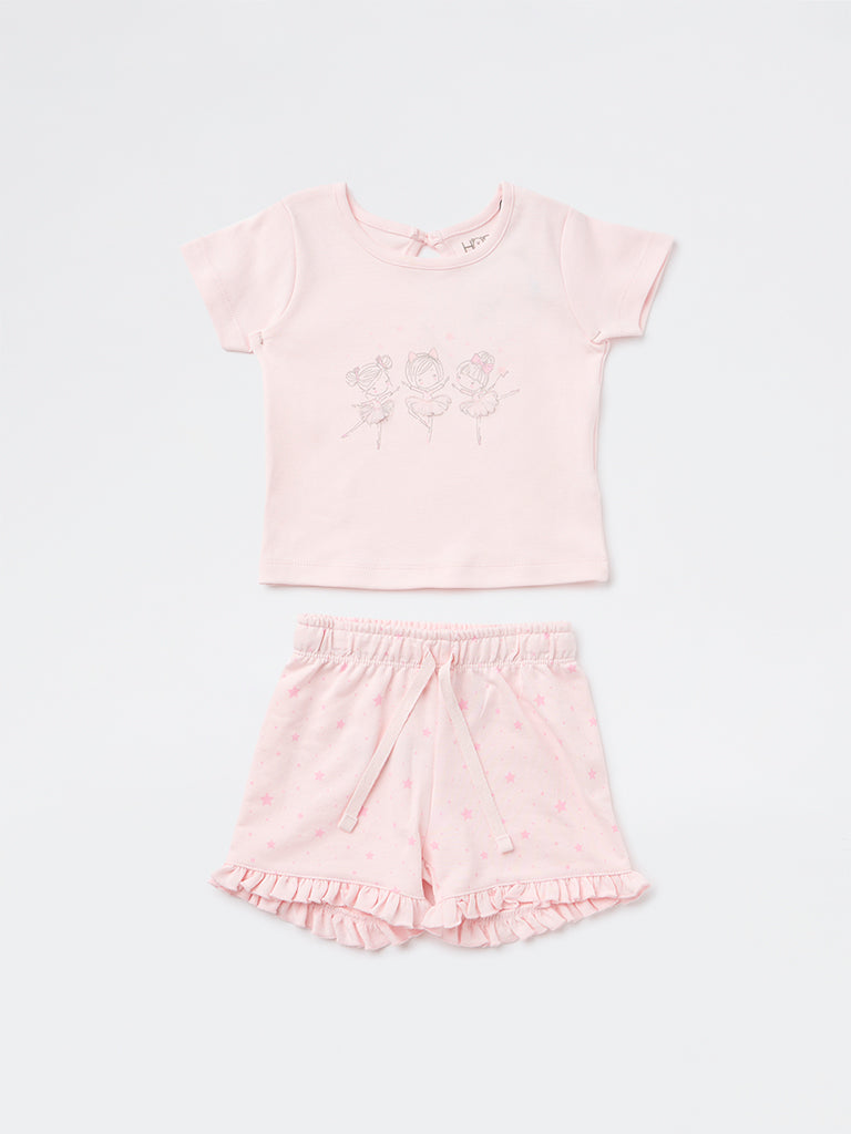 HOP Baby Girls Pink Printed Cotton T-Shirt and Shorts Set