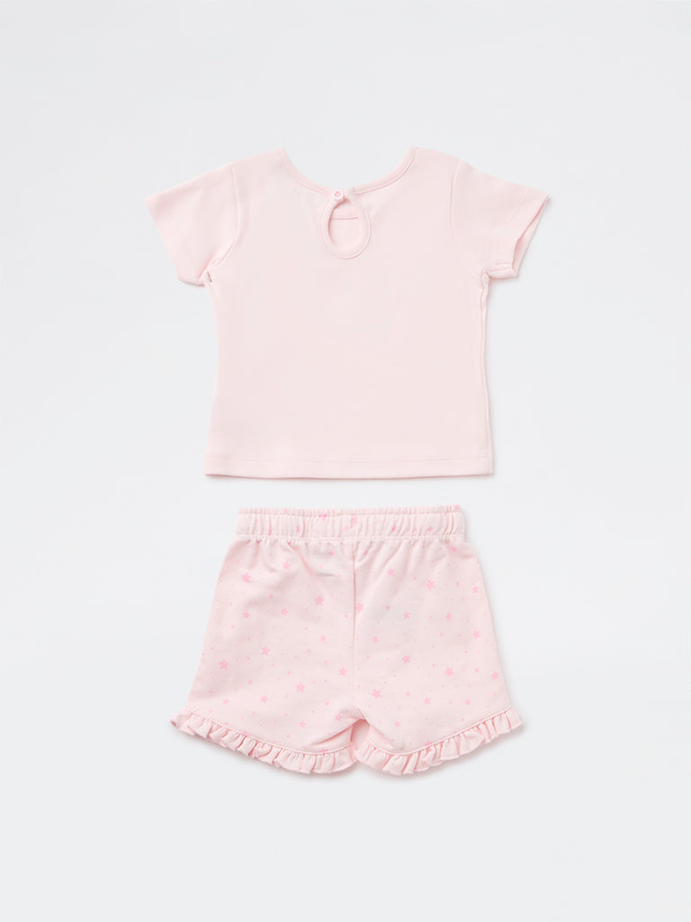 HOP Baby Girls Pink Printed Cotton T-Shirt and Shorts Set
