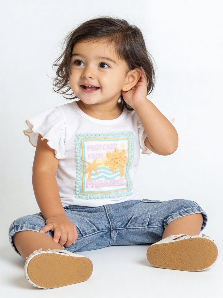 HOP Baby Girls White Graphic Printed Cotton Top