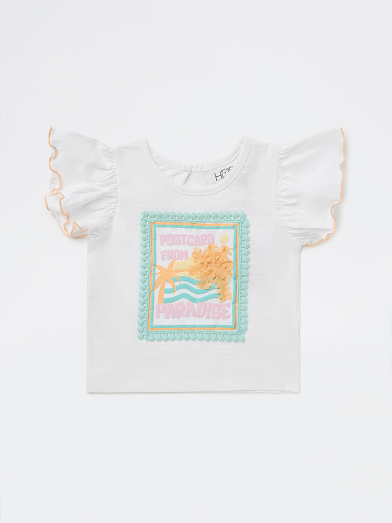HOP Baby Girls White Graphic Printed Cotton Top
