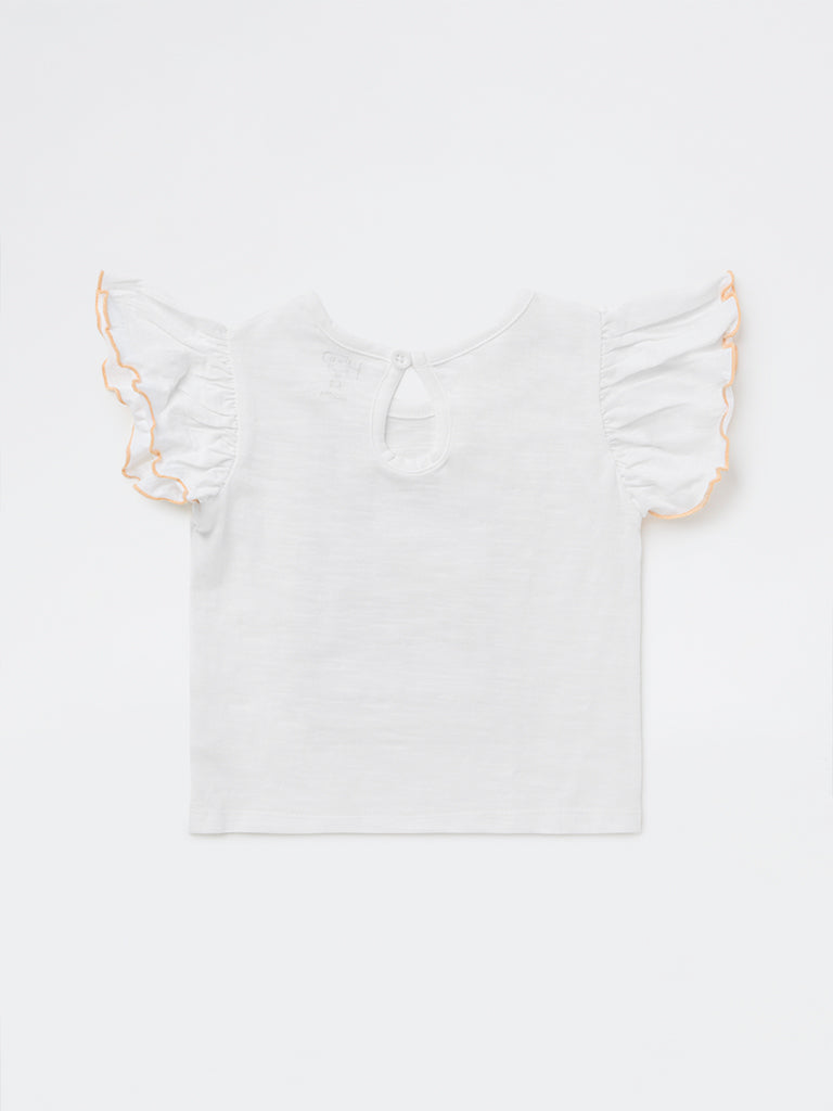 HOP Baby Girls White Graphic Printed Cotton Top
