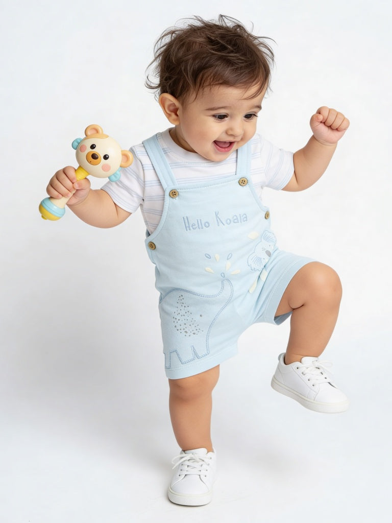 HOP Baby Boys Blue Cotton Dungaree and T-Shirt Set