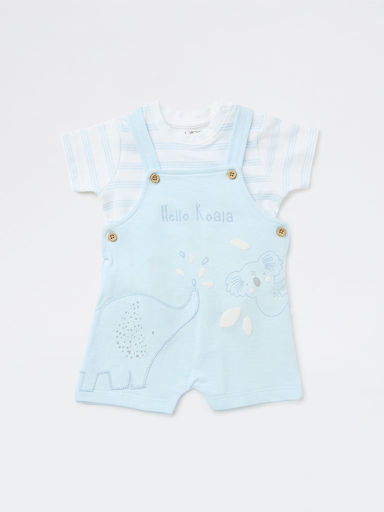 HOP Baby Boys Blue Cotton Dungaree and T-Shirt Set