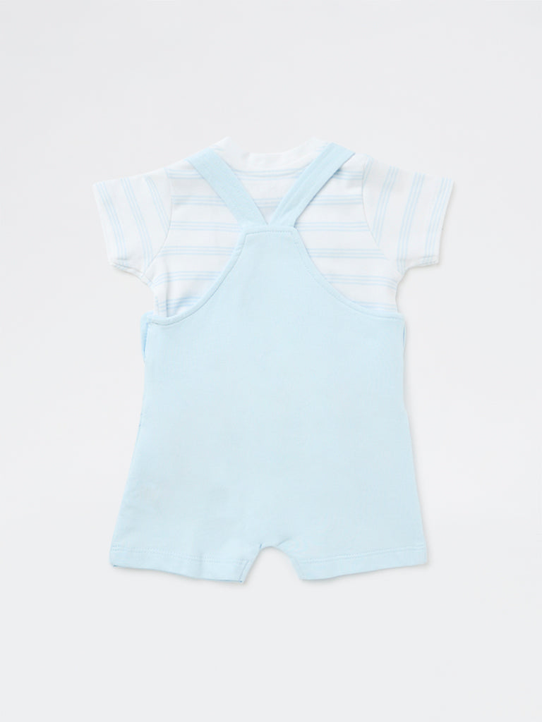HOP Baby Boys Blue Cotton Dungaree and T-Shirt Set