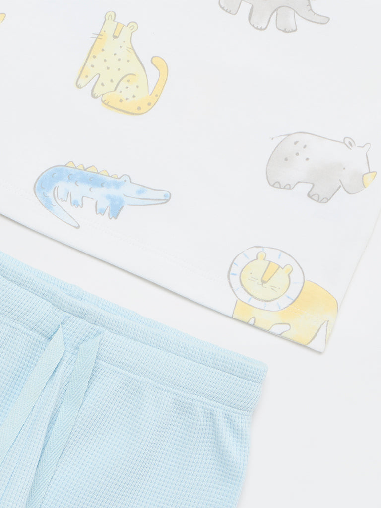 HOP Baby Boys White Animal Printed Cotton T-Shirt and Shorts Set