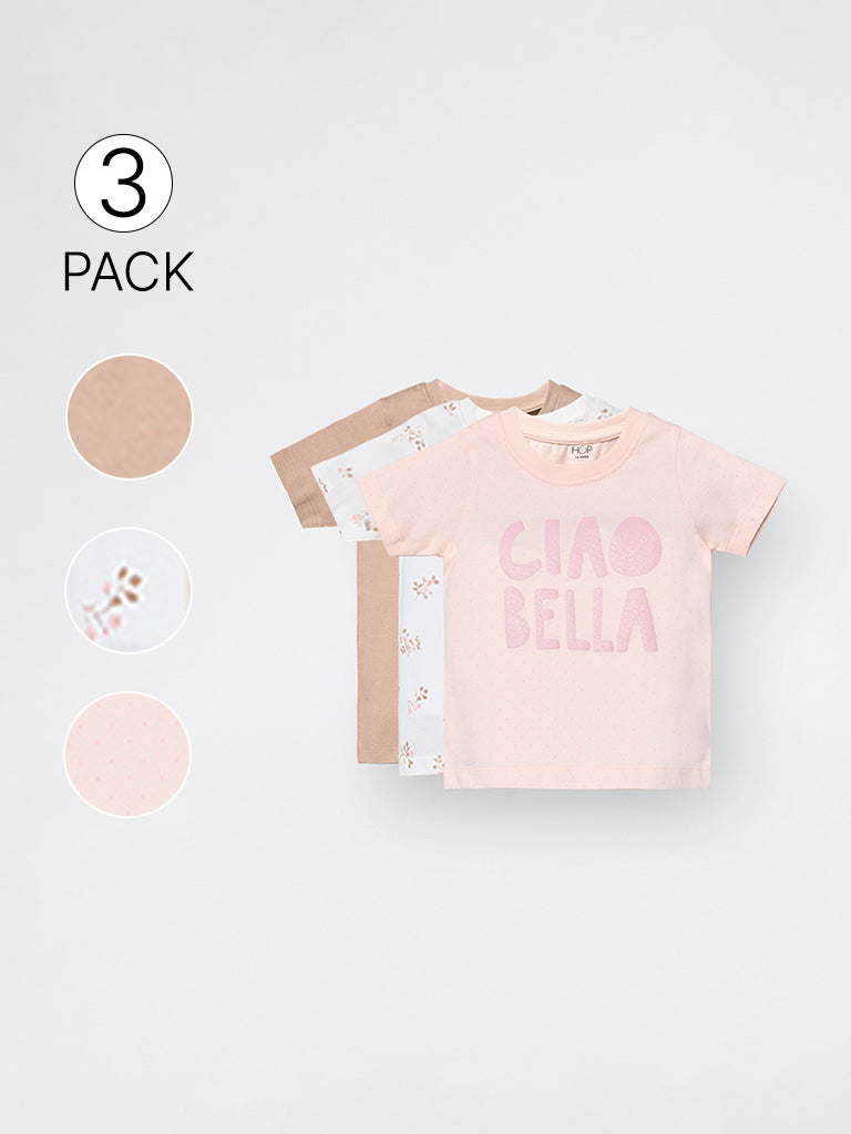 3-Pack HOP Kids Girls Peach Printed Cotton T-Shirts - Exclusive