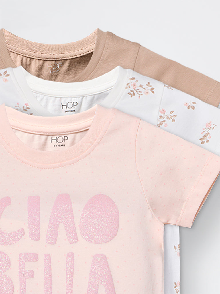 3-Pack HOP Kids Girls Peach Printed Cotton T-Shirts - Exclusive