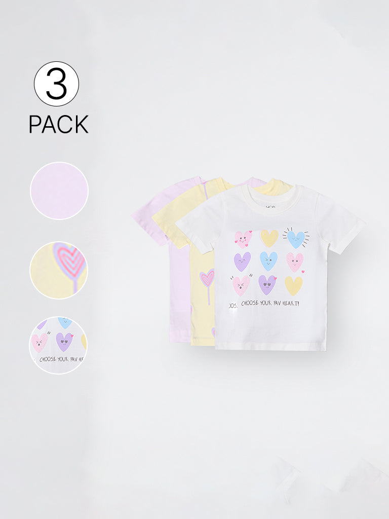 3-Pack HOP Kids Girls White Printed Cotton T-Shirts - Exclusive