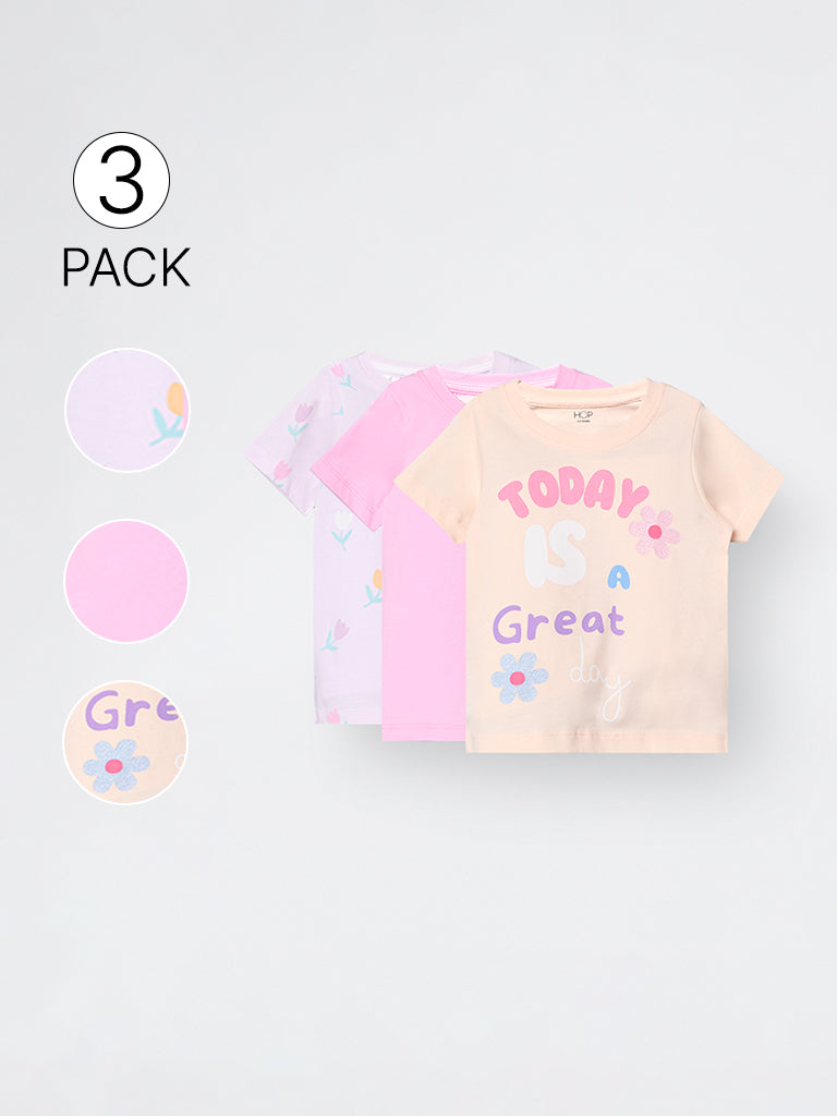 3-Pack HOP Kids Girls Light Pink Printed Cotton T-Shirts - Exclusive