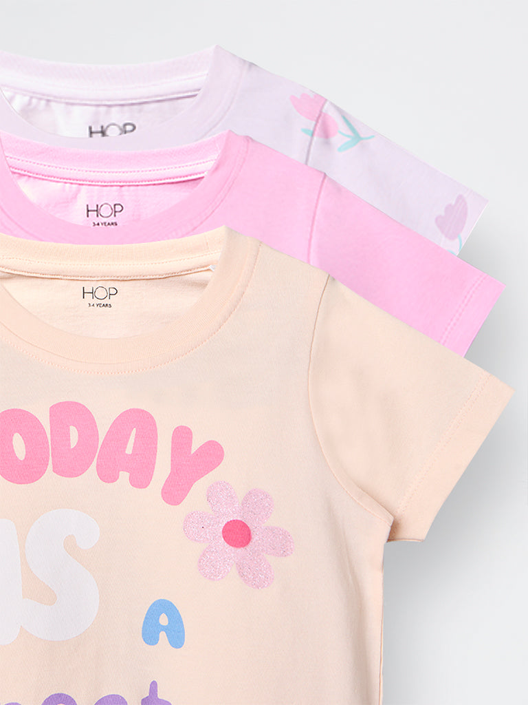 3-Pack HOP Kids Girls Light Pink Printed Cotton T-Shirts - Exclusive
