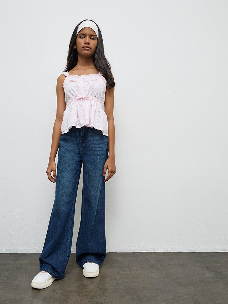 Buy Y&F Teen Girls Light Pink Schiffli Embroidered Cotton Top from