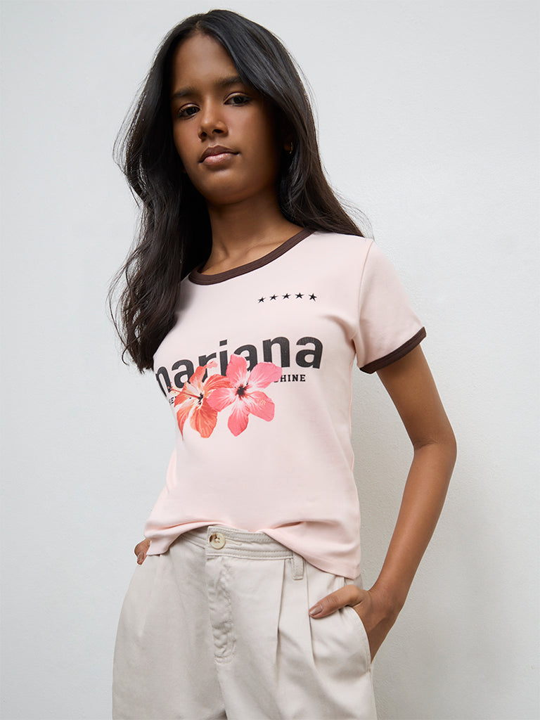 Girls Pink Graphic Printed Cotton-Blend T-Shirt