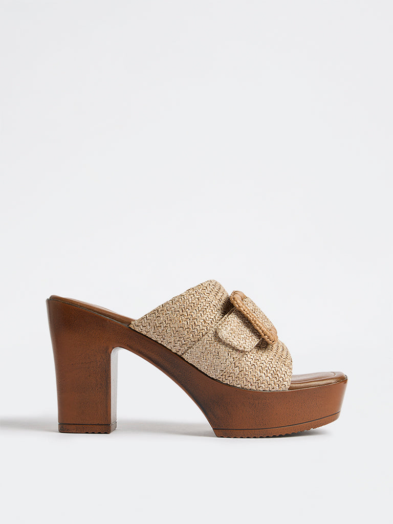 LUNA BLU Beige Raffia Platform-Heel Sandals