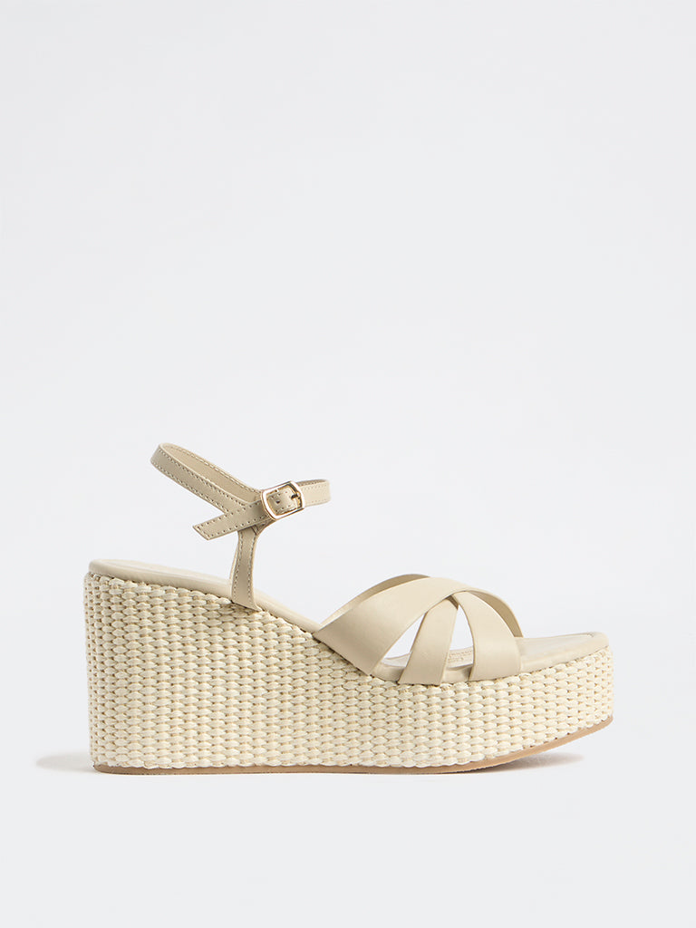 LUNA BLU Ivory Cross-Strap Raffia Wedge-Heel Sandals